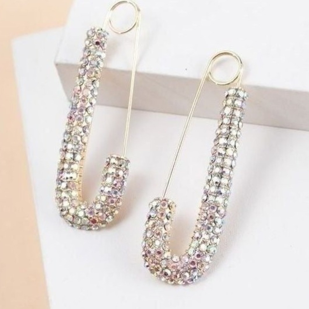 Bling Rhinestone Safety Pin Earrings Dangle‎ Drop Statement Fashion Jewelry